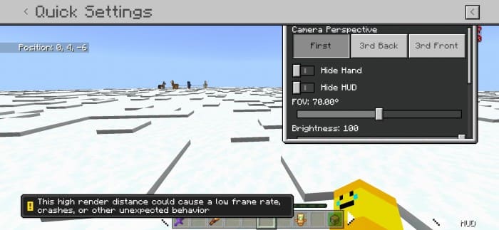 Quick Settings Interface in Minecraft PE (Bedrock)