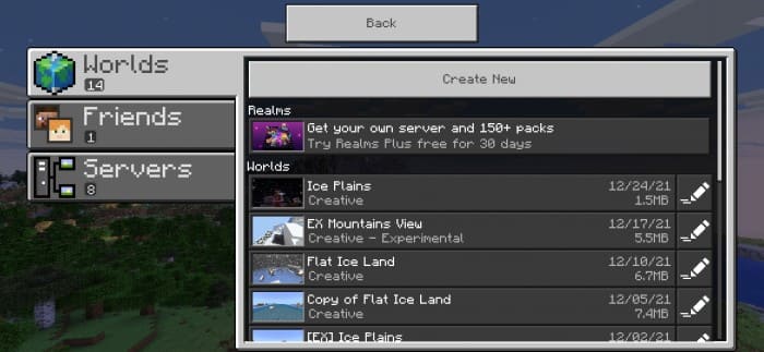 Worlds Interface in Minecraft PE (Bedrock)