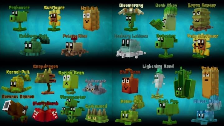 Растения из всех карт из мода Битва растений и зомби для Майнкрафт ПЕ (Бедрок)