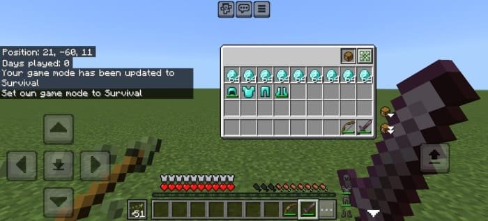 Демонстрация оверлея инвентаря из ресурспака Плавающий инвентарь для Майнкрафт ПЕ (Бедрок)