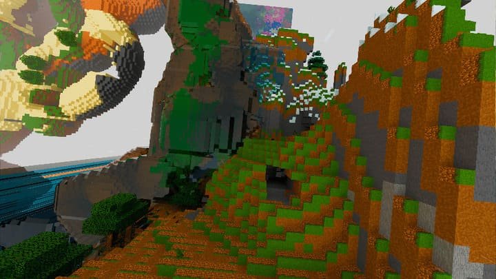 Crossing a ravine on the Flying Island Survival map for Minecraft PE (Bedrock)